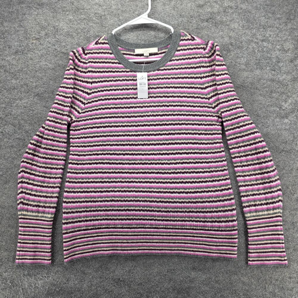 LOFT Sweater Womens Large Pink Gray Striped Crewneck Knit Long Sleeve Pullover